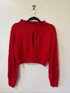 Women's Red Cropped Knit Sweater with Keyhole Front